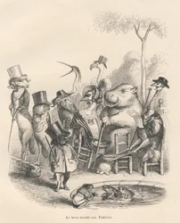 Dieren in elegante kleding wandelen in de Tuilerieën. Vignetten geïllustreerd door JJ Granville. Gravure gesigneerd door Andrew, Best en Leloir in het deel 