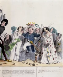 Cartoon over Alexandre Dumas Fils en Honoré de Balzac - door Grandville, in Charivari van 21/02/1844