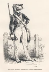 Hond in jachtkleding. Vignetten geïllustreerd door JJ Granville. Gravure gesigneerd Caque in het deel getiteld "Herinneringen van een oude kraai" geschreven door PJ Stahl in "Scènes uit het privé- en openbare leven van dieren". Parijs, J. Hetzel en Paulin