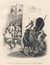 Varken en geit dronken kruisen een patrouille bestaande uit een hond, een haan, een eend en een pelikaan. Vignetten geïllustreerd door JJ Granville. Gravure gesigneerd Breviere in het deel "Herinneringen van een krokodil" geschreven door Emile de La Bedoll