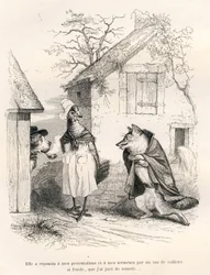Gesprek tussen een hond, een kip en een vos. Vignetten geïllustreerd door JJ Granville. Gravure gesigneerd Godard in het deel 