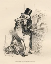 Krokodil gekleed als een dandy met een dikke buik. Vignetten geïllustreerd door JJ Granville. Gravure gesigneerd Breviere in het deel "Herinneringen van een krokodil" geschreven door Emile de La Bedolliere in "Scènes uit het privé- en openbare leven van di