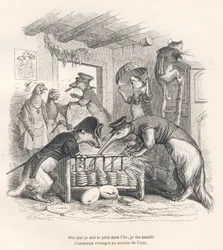 Zodra ik voet op het eiland zette, werd ik aangevallen door vreemde dieren in dienst van de staat. Vignetten geïllustreerd door JJ Granville. Gravure gesigneerd Porret in het deel 