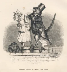 Twee katten die elkaar het hof maken op een dak. Gravure gesigneerd door Andrew, Best en Leloir in het deel getiteld „Liefdesverdriet van een Engelse poes”, geschreven door Honoré de Balzac in „Taferelen uit het particuliere en openbare leven van dieren”