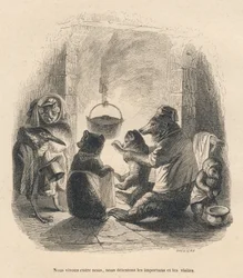 Twee bezoekers komen de berenfamilie lastigvallen die voor de open haard zit waarin een ketel aan een haak hangt. Vignetten geïllustreerd door JJ Granville. Gravure gesigneerd Breviere in het deel "De beer of Brief