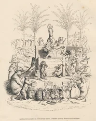 Politieke toespraak van de leeuw in een tribune omringd door alle andere dieren. Geïllustreerde vignetten door JJ Granville. Gravure gesigneerd door Godard in de proloog getiteld "Parlementair overzicht" geschreven door PJ Stahl in "Scènes uit het privé- e