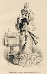 Bij het zien van het bewijs van wat zij mijn onmatigheid noemde. Vignetten geïllustreerd door J. J. Grandville. Gravure gesigneerd door Caqué in het deel getiteld "Liefdesverdriet van een Engelse poes", geschreven door Honoré de Balzac, in "Taferelen uit