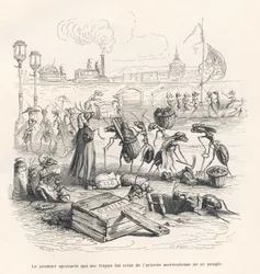 Mieren druk bezig aan de oevers van de Seine. Geïllustreerde vignetten door JJ Granville. Gravure gesigneerd door Porret in het deel getiteld "Reis van een mus uit Parijs" geschreven door George Sand in "Scènes uit het privé- en openbare leven van dieren".