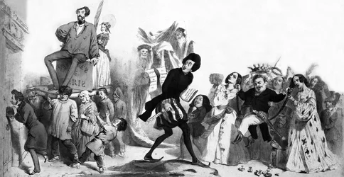 Franse romantische schrijvers (Alfred de Vigny, Victor Hugo, Alexandre Dumas de Oudere, Honoré de Balzac) willen de Franse Academie binnengaan maar de deuren zijn gesloten, gravure