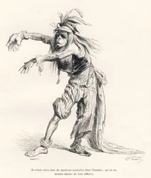 Er barsten dan zoveel dierlijke passies los bij de mens, dat men niet zou twijfelen aan hun affiniteit. Geïllustreerde vignetten door JJ Granville. Gravure gesigneerd Porret in het deel "Reis van een leeuw uit Afrika naar Parijs" geschreven door Honore de 