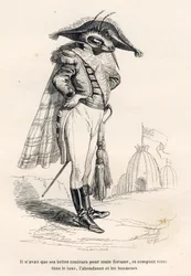 Hij had alleen zijn mooie kleuren als enige fortuin en rekende erop in luxe, overvloed en eer te leven. Vignetten geïllustreerd door JJ Granville. Gravure gesigneerd Andrew, Best en Leloir in het deel "Reis van een mus uit Parijs" geschreven door