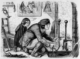 De fabel van La Fontaine (door Jean de La Fontaine): de boer en de adder, gravure door J.J. Grandville, ca. 1838-40