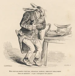 Konijn als ondergeschikte werknemer in een ministerie. Geïllustreerde vignetten door JJ Granville. Gravure gesigneerd Breviere in het deel "Verhaal van een haas" geschreven door PJ Stahl in "Scènes uit het privé- en openbare leven van dieren". Parijs, J. H