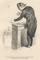 De kameleon verklaart dat hij gelukkig en trots is om altijd de mening van iedereen te delen. Geïllustreerde vignetten door JJ Granville. Gravure gesigneerd door Caque in de proloog getiteld "Parlementair overzicht" geschreven door PJ Stahl in "Scènes uit 