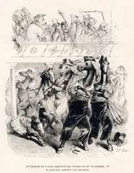 Het carnaval van de paarden. Vignetten geïllustreerd door JJ Granville. Gravure gesigneerd Tamisier in het deel "Reis van een leeuw uit Afrika naar Parijs" geschreven door Honoré de Balzac in "Scènes uit het privé- en openbare leven van dieren". Parijs, J.