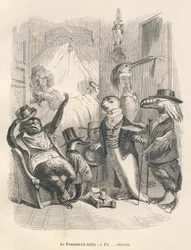De luiaard geeuwde terwijl hij wachtte. Geïllustreerde vignetten door JJ Granville. Gravure gesigneerd Godard in het deel "De dierenartsen" geschreven door Pierre Bernard in "Scènes uit het privé- en openbare leven van dieren". Parijs, J. Hetzel en Paulin