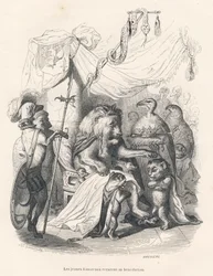 De jonge leeuwen ontvangen de zegen van de leeuwenkoning. Geïllustreerde vignetten door JJ Granville. Gravure gesigneerd door Breviere in het deel getiteld "Reis van een leeuw uit Afrika naar Parijs" geschreven door Honoré de Balzac in "Scènes uit het priv