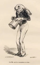 Bange haas in dandy kostuum. Geïllustreerde vignetten door JJ Granville. Gravure gesigneerd Breviere in het deel "Verhaal van een haas" geschreven door PJ Stahl in "Scènes uit het privé- en openbare leven van dieren". Parijs, J. Hetzel en Paulin