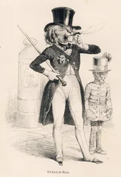 Leeuw van Parijs. Geïllustreerde vignetten door JJ Granville. Gravure gesigneerd Andrew, Best en Leloir in het deel "Reis van een leeuw uit Afrika naar Parijs" geschreven door Honore de Balzac in "Scènes uit het privé- en openbare leven van dieren". Parijs
