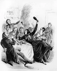 Lunch van jongens van beide geslachten: mannen en vrouwen die alcohol drinken en roken, tekening door Jean Ignace Isidore aka JJ Grandville