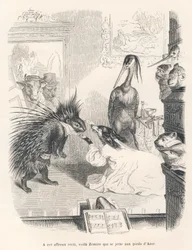 Opera met op het podium een stekelvarken, een hond en een reiger. Geïllustreerde vignetten door JJ Granville. Gravure gesigneerd Godard in het deel "De eerste feuilleton van Pistolet" geschreven door Jules Janin in "Scènes uit het privé- en openbare leven 