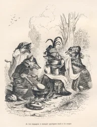 Vossen die eieren eten voor een huilende kip. Vignetten geïllustreerd door JJ Granville. Gravure gesigneerd Godard in het deel 