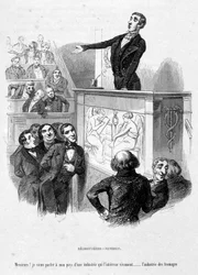 Het personage van Jérôme Paturot ziet zichzelf als Demosthenes, een Atheense spreker en politicus wiens toespraken tot de top van de Griekse welsprekendheid behoren. Cartoon in 
