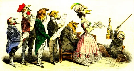 Het Vocale Concert - Koor: Zangers met Dierenhoofden en Koorleider als Aap - Lithografie van Grandville (Jean Ignace Isidore Gerard 1808-1847) uit het Boek 