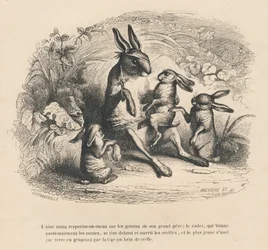 Drie konijnen kinderen die luisteren naar hun gewonde grootvader die verhalen vertelt. Geïllustreerde vignetten door JJ Granville. Gravure gesigneerd door Breviere in het deel "Verhaal van een haas" geschreven door PJ Stahl in "Scènes uit het privé- en ope