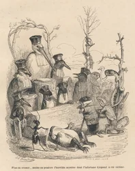 Rechtbank bestaande uit een ooievaar en andere vogels, een mol en een hagedis, om de schuldige aan de moord op de pad te ontmaskeren. Vignetten geïllustreerd door J. J. Granville. Gravure gesigneerd Andrew, Best en Leloir in het deel getiteld „Cour