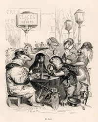 Een café bezocht door dieren van alle soorten. Vignetten geïllustreerd door JJ Granville. Gravure gesigneerd Godard in het deel 