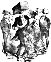 Ongesigneerde illustratie voor de partituur van een werk van Emile Fischer getiteld "Polka des hamteaux", eind 19e - begin 20e eeuw - deze anonieme compositie roept zowel de uitvindingen van de voorloper Grandville als die van toekomstige surrealisten op