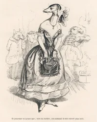 ... buiten het theater zijn deze dieren nog lelijker. Geïllustreerde vignetten door JJ Granville. Gravure gesigneerd Godard in het deel "De eerste feuilleton van Pistolet" geschreven door Jules Janin in "Scènes uit het privé- en openbare leven van dieren"