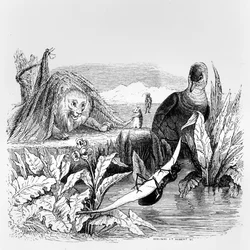 De duif en de mier en de leeuw en de rat, illustratie voor de „Fabels“ van La Fontaine, uitgegeven door H. Fournier Aîné, 1838