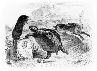De haas en de schildpad, illustratie voor La Fontaines «Fabels», uitgegeven door H. Fournier Aîné, 1838
