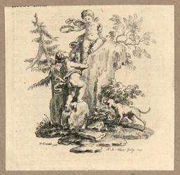 Cupido en een meisje op een rots