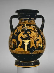 Apulische roodfigurige pelike versierd met een scène van een bruid bij haar toilet, de Suckling Group, gevonden in Basilicata, ca. 375-350 v.Chr.