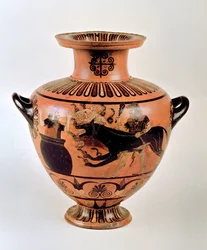 Archaïsche Ionische hydria met Herakles die Cerberus naar Eurystheus brengt, uit Cerveteri, ca. 530 v.Chr.