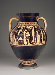Atheense Attische zwartfigurenamfoor toegeschreven aan Lydos met Theseus die de Minotaurus doodt, 550-40 v.Chr.