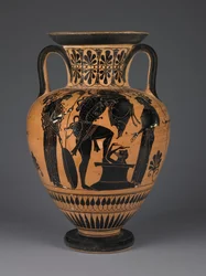 Attische zwartfigurige amfoor met Herakles die het Erymantheaanse zwijn draagt, ca. 510 v.Chr. (terracotta)