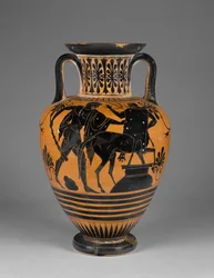 Attische zwartfigurige nek-amfoor met Herakles en centaur, ca. 480-60 v.Chr. (terracotta)