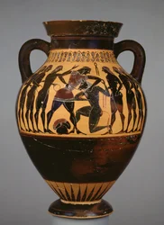 Attische zwartfigurige amfoor met Theseus en de Minotaurus, geobserveerd door zes jongeren