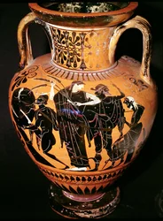 Attische zwartfigurige vaas met Synthos, Demeter, Hermes en de veerman, ca. 535-540 v.Chr.