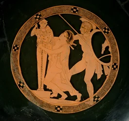 Attische roodfigurige beker die Cassandra afbeeldt, achtervolgd door Ajax die toevlucht zoekt bij een xoanon van Athena, ca.430 v.Chr.