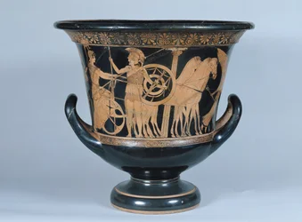 Attische roodfiguren kalyx krater die een Hopliet toont die naar de oorlog vertrekt