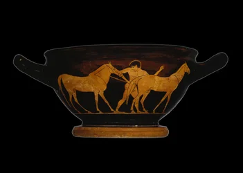 Attische roodfigurige skyphos, met Herakles en de Merries van Diomedes