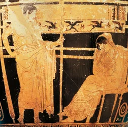 Attische skyphos van de schilder van Telemachus met Penelope en Telemachus