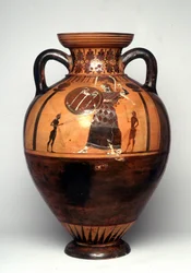 Zwartfiguurvaas die Athena afbeeldt met een schild en speer, 550 v.Chr. (keramiek)