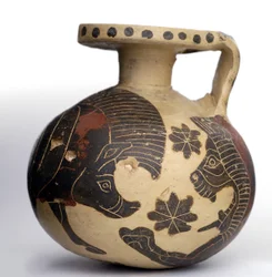 Korintische zwart-figuur bolvormige aryballos met dieren, Midden Korintische Periode (600-575 v.Chr.)