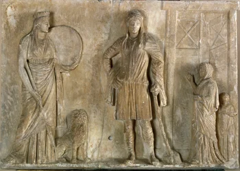 Griekse kunst: Phrygische godheden Cybele en Attis, zijn zoon en minnaar. Marmeren reliëf uit de 2e eeuw v.Chr. Museo Archeologico, Venetië
